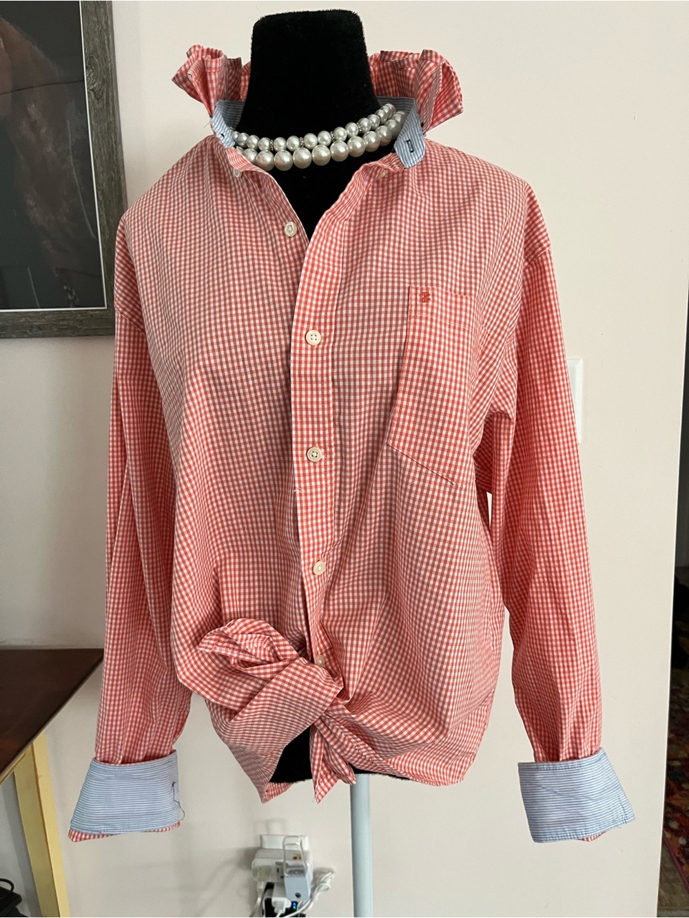 Upcycled Izod Orange Gingham Button-Down Shirt with Ruffle Collar